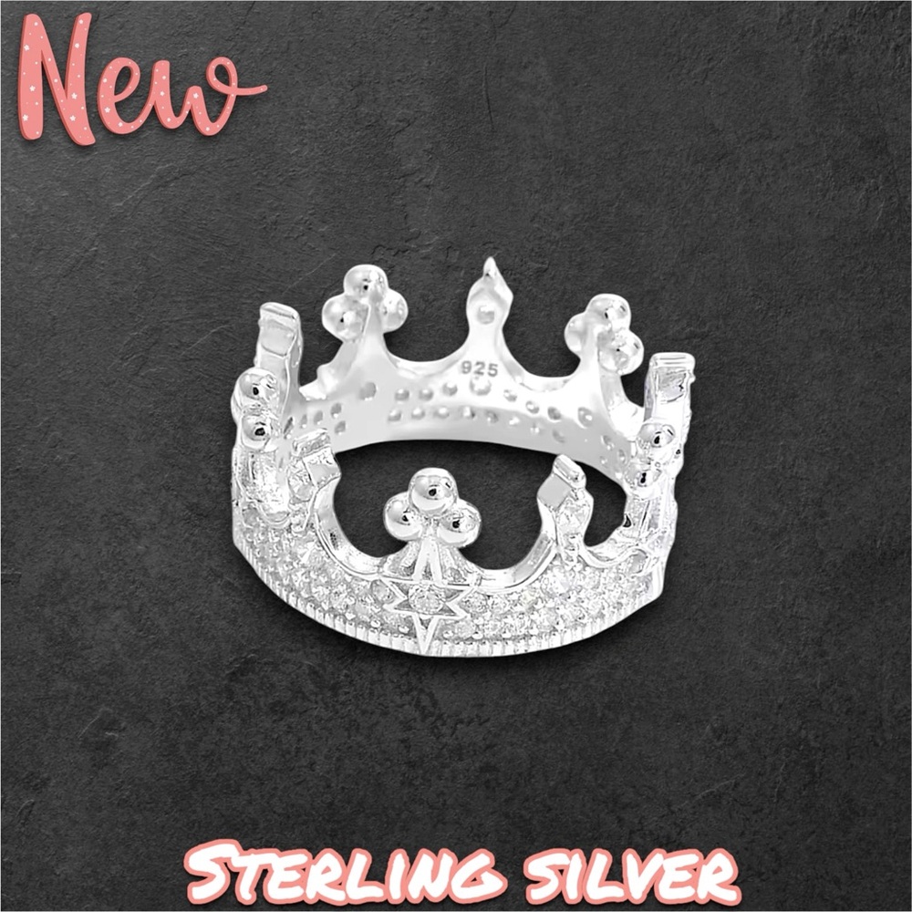 New .925 Sterling Silver Luxury Vintage Princess Crown Wedding Engagement Ring - Picture 3 of 3